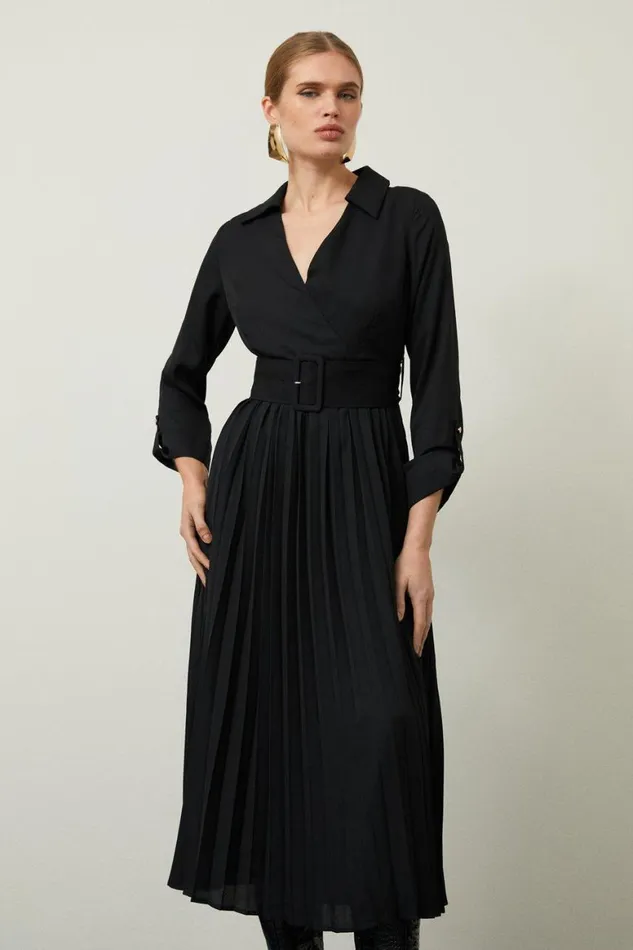 Dresses Women Karen Millen Pleated Georgette Woven Midi Dress Black