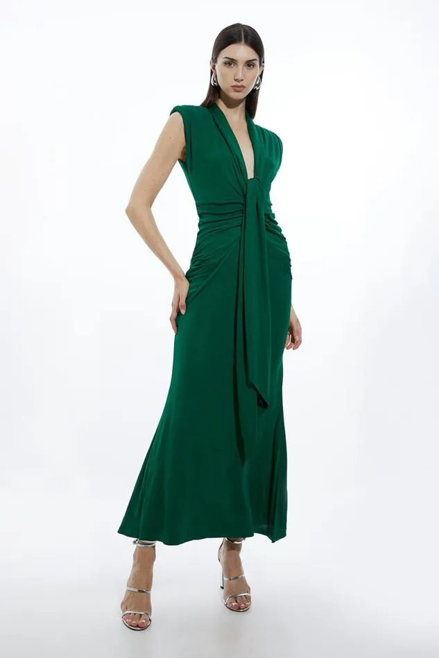 Dresses Women Karen Millen Plunge Ruched Twist Jersey Maxi Dress Green