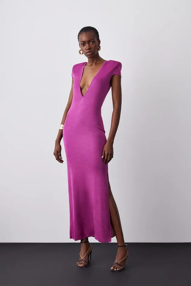 Dresses Women Karen Millen Plunge V Neck Power Shoulder Slinky Knit Maxi Dress Fuchsia Dresses Women Karen Millen Plunge V Neck Power Shoulder Slinky Knit Maxi Dress Fuchsia