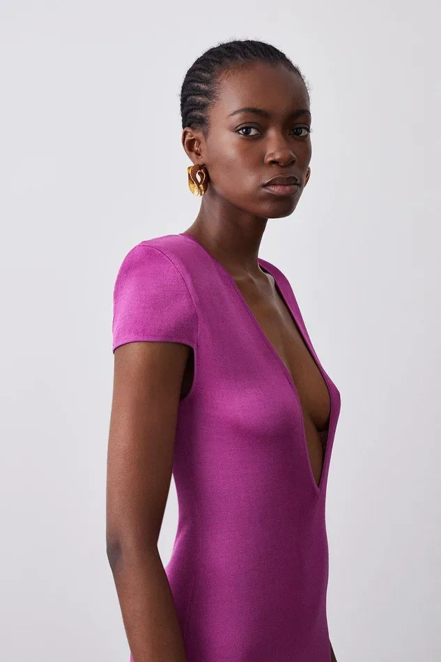 Dresses Women Karen Millen Plunge V Neck Power Shoulder Slinky Knit Maxi Dress Fuchsia