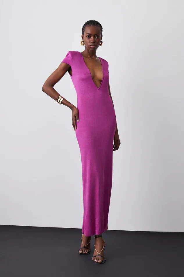Dresses Women Karen Millen Plunge V Neck Power Shoulder Slinky Knit Maxi Dress Fuchsia