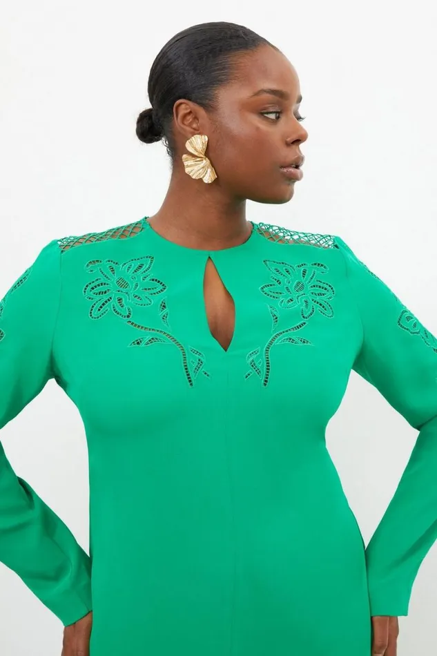 Dresses Women Karen Millen Plus Size Premium Cady Cutwork Woven Long Sleeve Maxi Dress Green