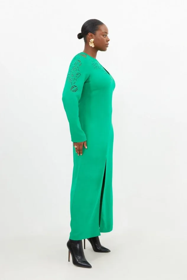 Dresses Women Karen Millen Plus Size Premium Cady Cutwork Woven Long Sleeve Maxi Dress Green