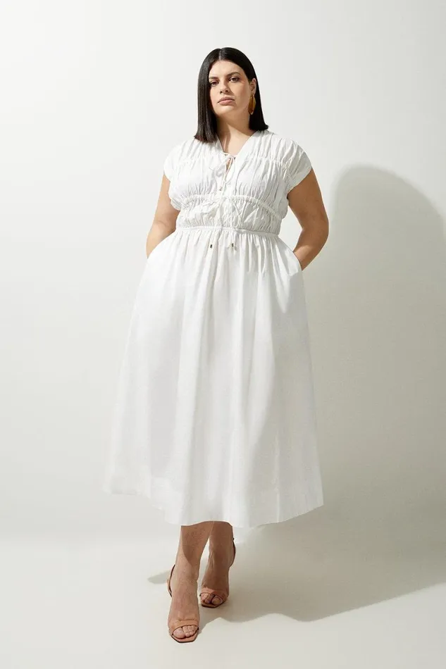 Dresses Women Karen Millen Plus Size Shirred Bodice Tie Woven Midi Dress White