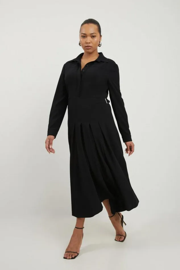Dresses Women Karen Millen Plus Size Structured Crepe Pleated Shirt Dress Black Dresses Women Karen Millen Plus Size Structured Crepe Pleated Shirt Dress Black