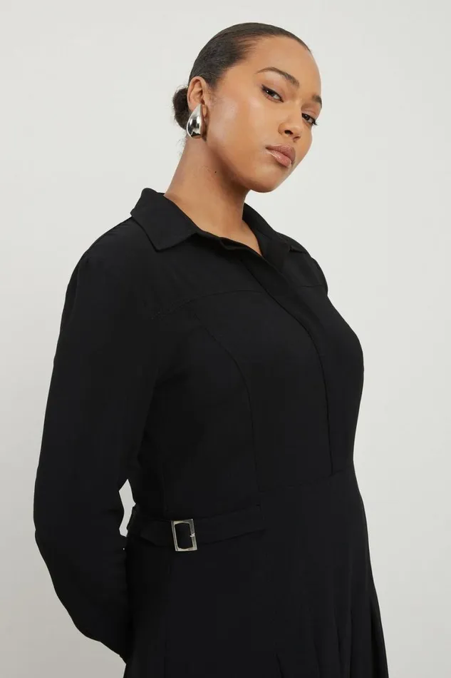 Dresses Women Karen Millen Plus Size Structured Crepe Pleated Shirt Dress Black