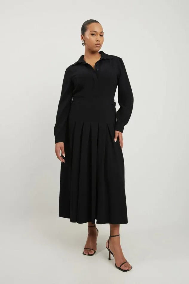 Dresses Women Karen Millen Plus Size Structured Crepe Pleated Shirt Dress Black