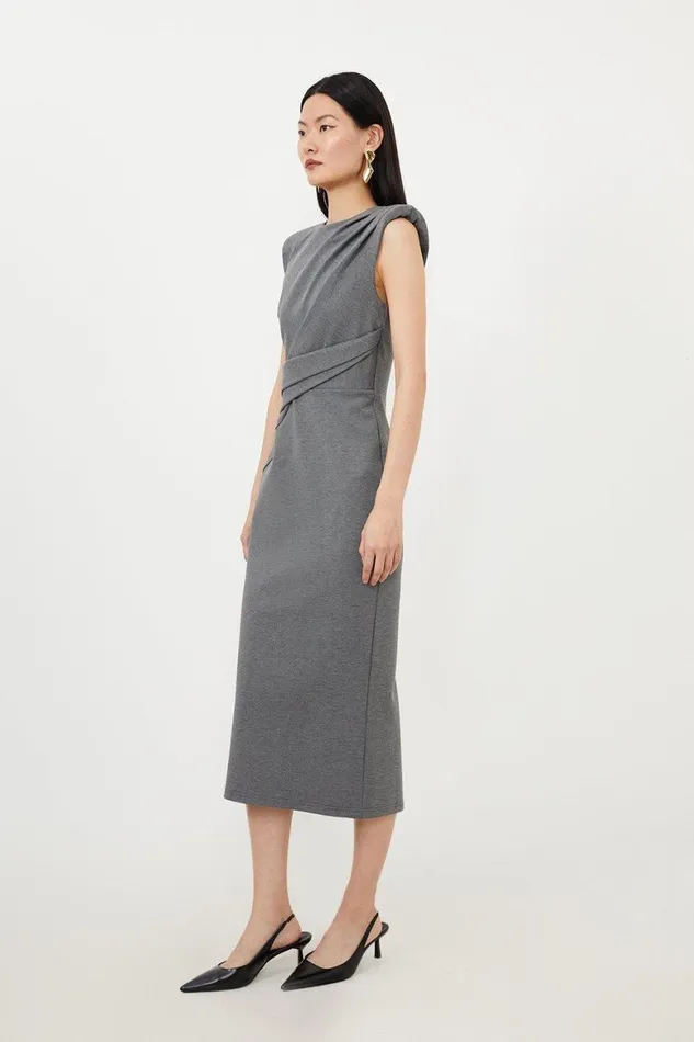 Dresses Women Karen Millen Ponte Strong Shoulder Drape Detail Midi Dress Charcoal