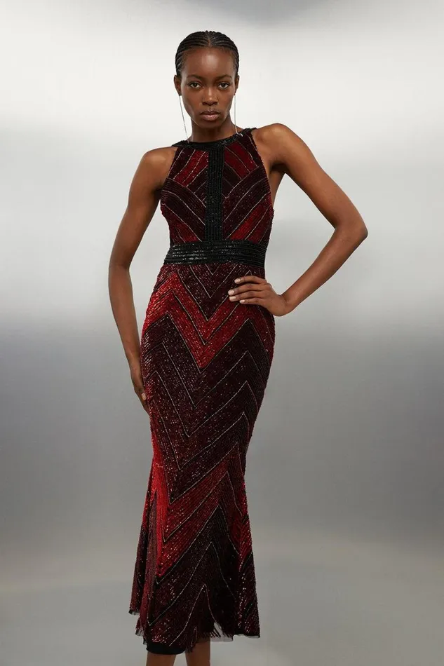 Dresses Women Karen Millen Premium Beaded Embellished Woven Midaxi Dress Red