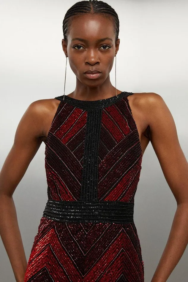 Dresses Women Karen Millen Premium Beaded Embellished Woven Midaxi Dress Red