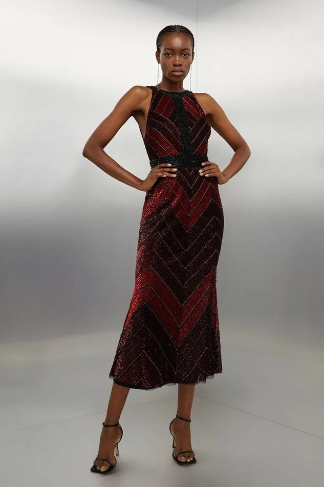 Dresses Women Karen Millen Premium Beaded Embellished Woven Midaxi Dress Red