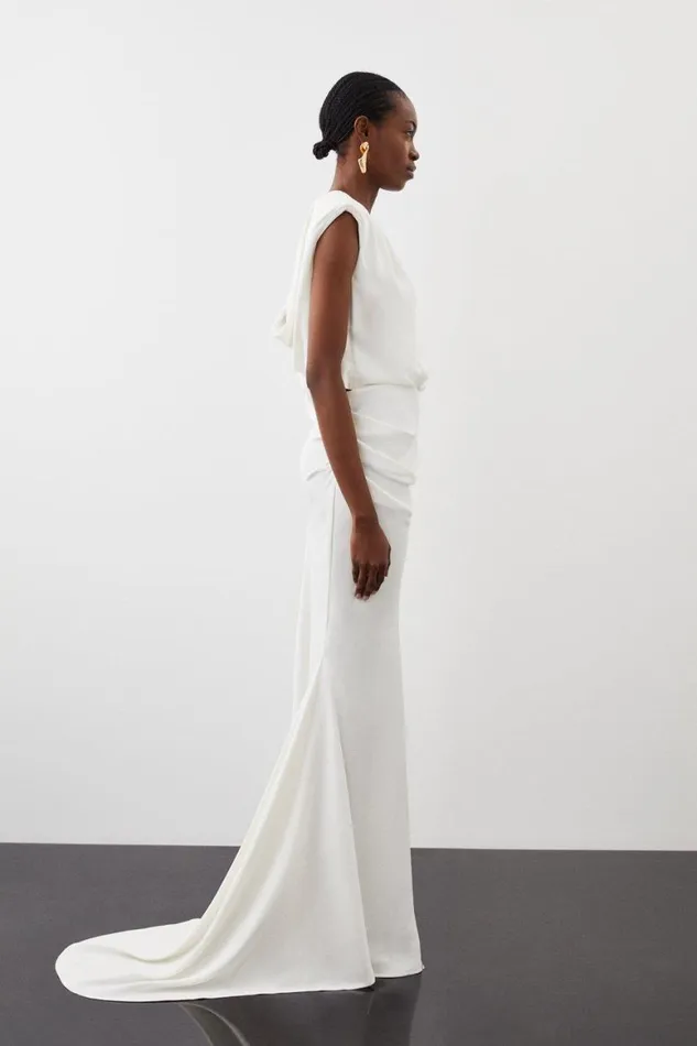 Dresses Women Karen Millen Premium Bonded Viscose Crepe Drape Detail Woven Maxi Dress Ivory
