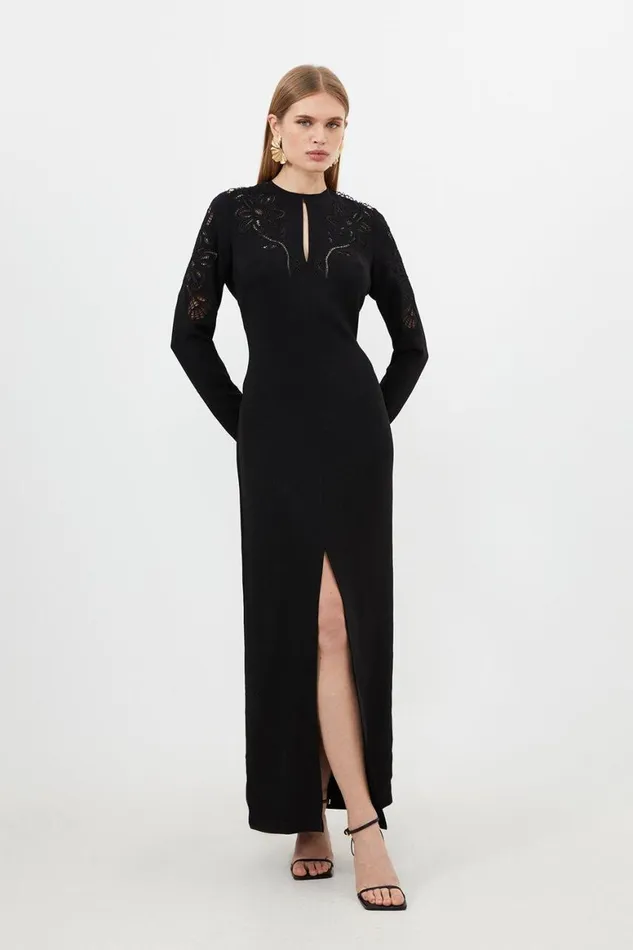 Dresses Women Karen Millen Premium Cady Cutwork Long Sleeve Woven Maxi Dress Black Dresses Women Karen Millen Premium Cady Cutwork Long Sleeve Woven Maxi Dress Black