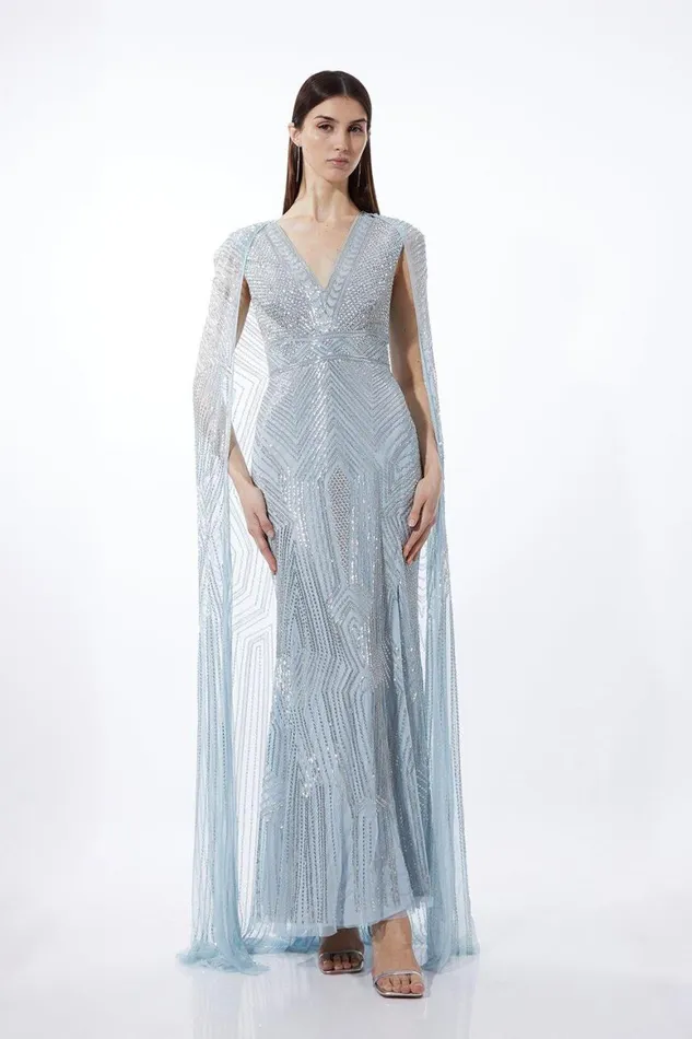 Dresses Women Karen Millen Premium Embellished Caped Maxi Dress Blue