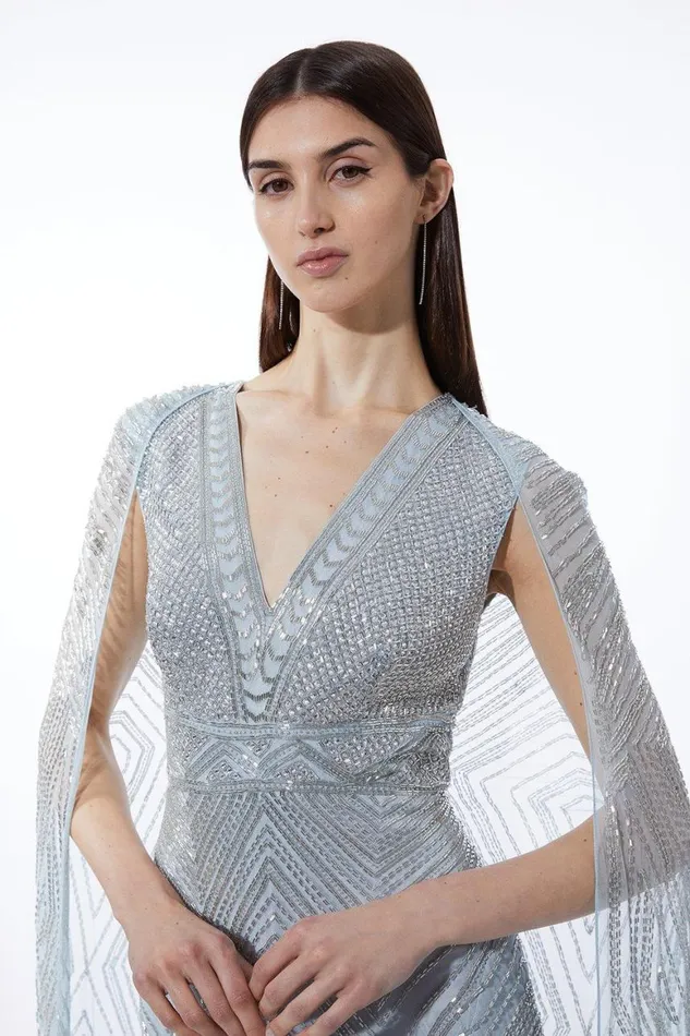 Dresses Women Karen Millen Premium Embellished Caped Maxi Dress Blue