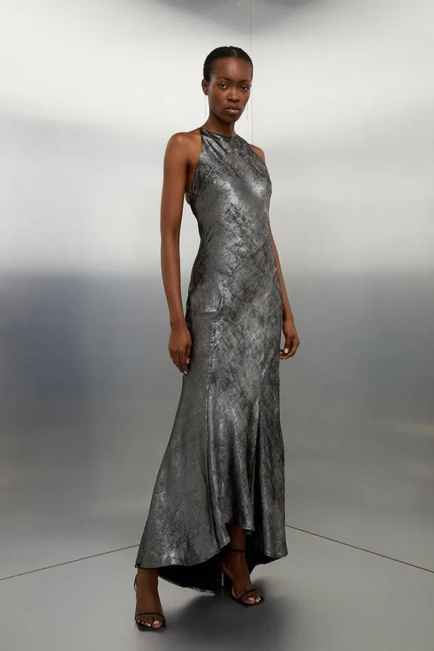 Dresses Women Karen Millen Premium Metallic Diamante Detail Halter Woven Maxi Dress Pewter
