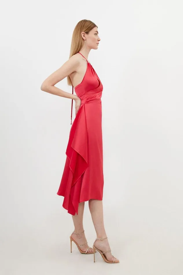 Dresses Women Karen Millen Satin Back Crepe Draped Wrap Halter Tie Neck Midi Dress Cherry
