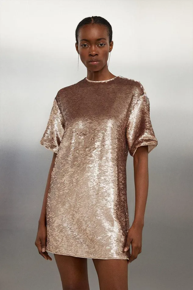 Dresses Women Karen Millen Sequin Woven Boxy Tshirt Mini Dress Rose Gold