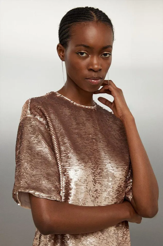 Dresses Women Karen Millen Sequin Woven Boxy Tshirt Mini Dress Rose Gold