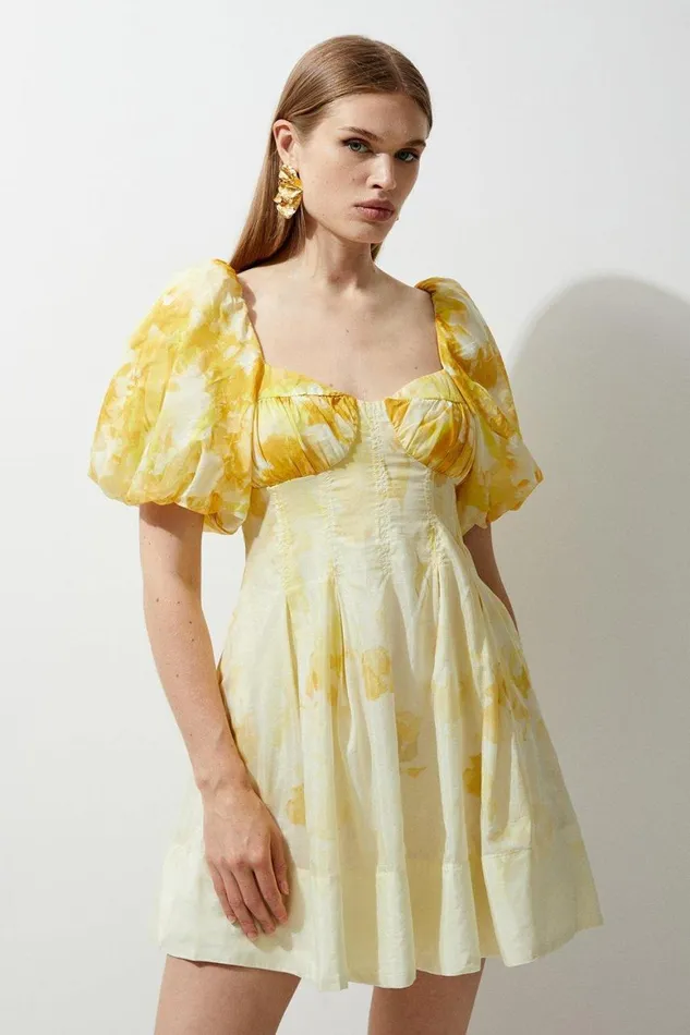 Dresses Women Karen Millen Silk Cotton Trailing Floral Mini Dress Yellow
