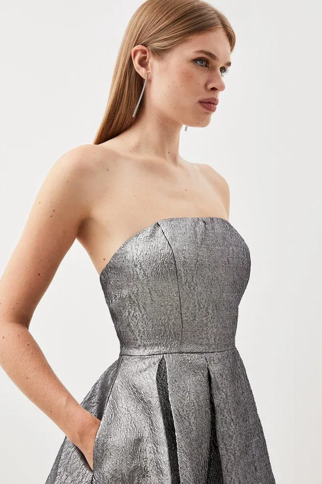 Dresses Women Karen Millen Silver Metallic Jacquard Twill Strappy Woven Mini Dress Silver