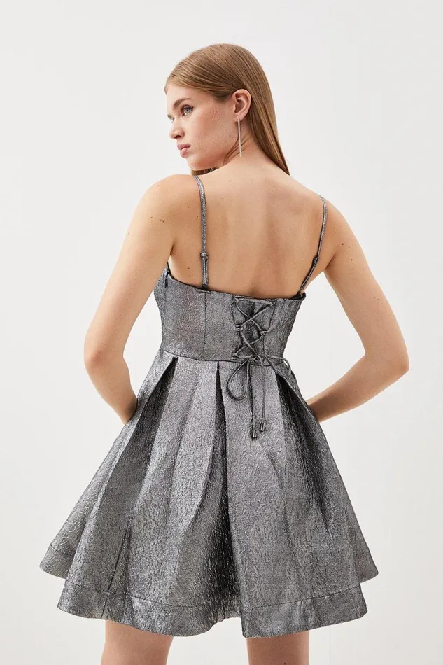 Dresses Women Karen Millen Silver Metallic Jacquard Twill Strappy Woven Mini Dress Silver