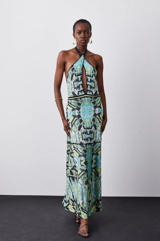 Dresses Women Karen Millen Slinky Knit Jacquard Geo Maxi Column Dress Blue