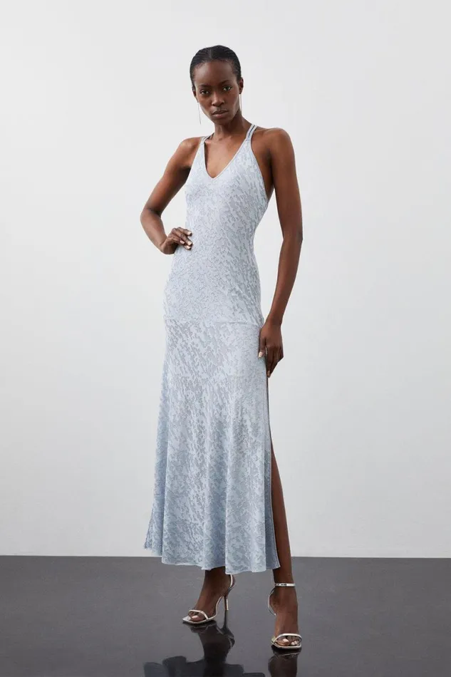 Dresses Women Karen Millen Slinky Viscose Jacquard Knit Strappy Maxi Dress Ice Blue Dresses Women Karen Millen Slinky Viscose Jacquard Knit Strappy Maxi Dress Ice Blue