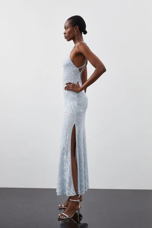 Dresses Women Karen Millen Slinky Viscose Jacquard Knit Strappy Maxi Dress Ice Blue