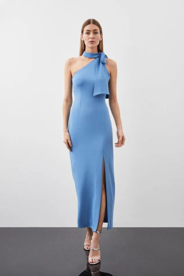 Dresses Women Karen Millen Soft Tailored Tie Neck Midi Dress Mid Blue