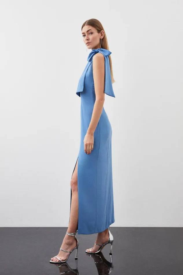 Dresses Women Karen Millen Soft Tailored Tie Neck Midi Dress Mid Blue