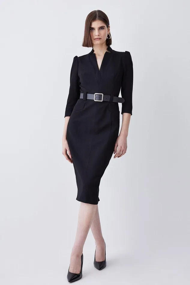 Dresses Women Karen Millen Structured Crepe Belted Forever Midi Dress Black