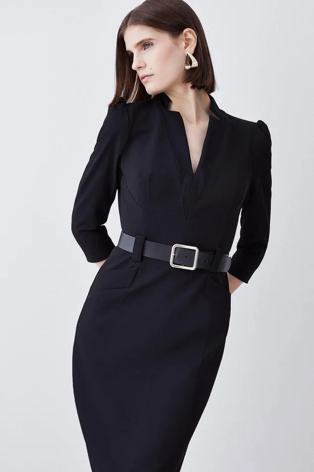 Dresses Women Karen Millen Structured Crepe Belted Forever Midi Dress Black