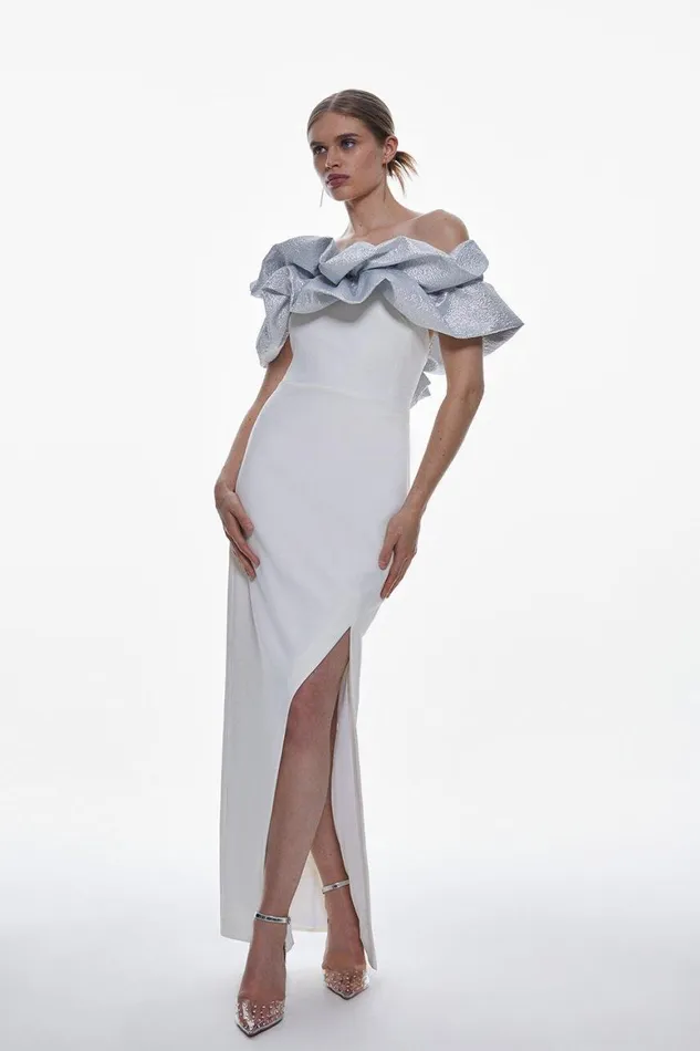 Dresses Women Karen Millen Structured Crepe Jacquard Ruffle Bardot Maxi Dress Ivory Dresses Women Karen Millen Structured Crepe Jacquard Ruffle Bardot Maxi Dress Ivory