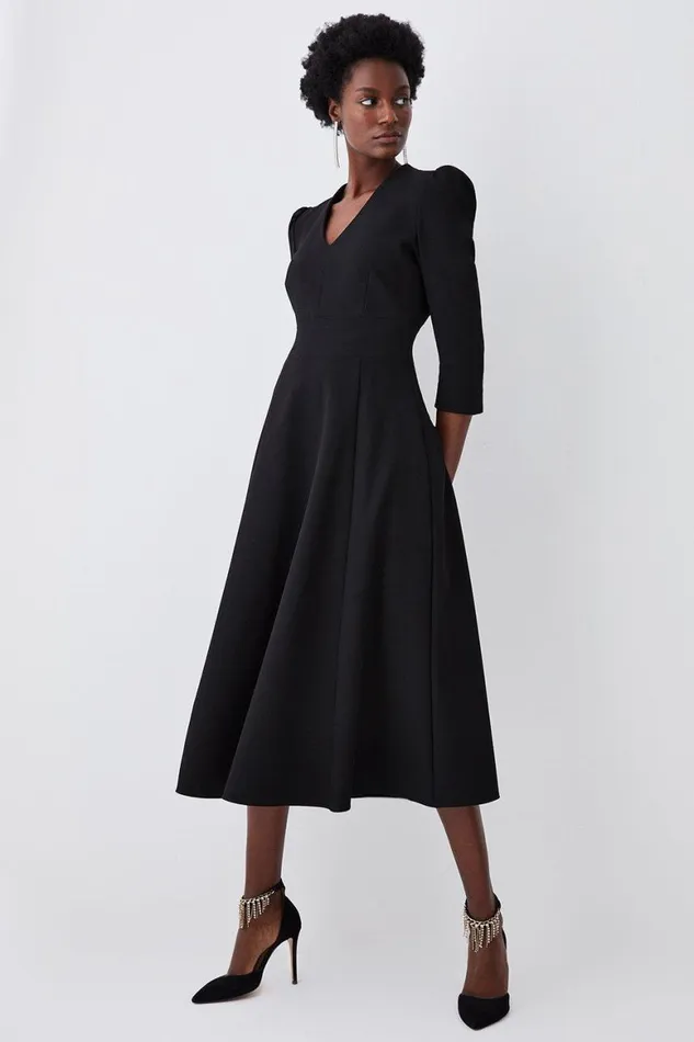Dresses Women Karen Millen Structured Crepe Tailored Full Skirted Midi Dress Black Dresses Women Karen Millen Structured Crepe Tailored Full Skirted Midi Dress Black