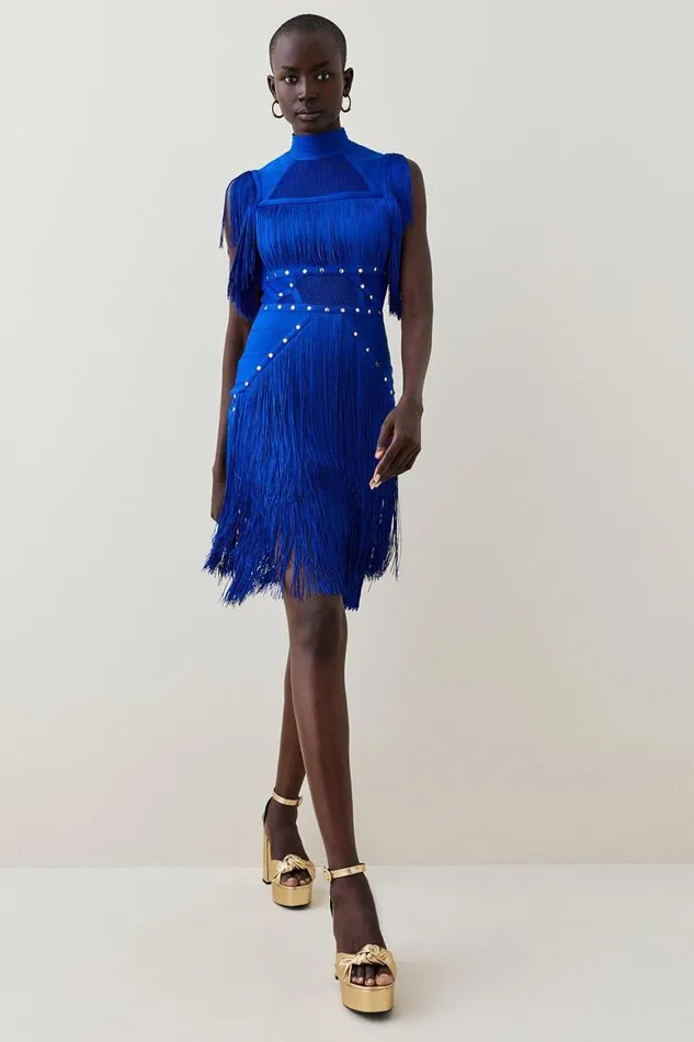 Dresses Women Karen Millen Studded Fringe Mesh Insert Bandage Mini Dress Cobalt