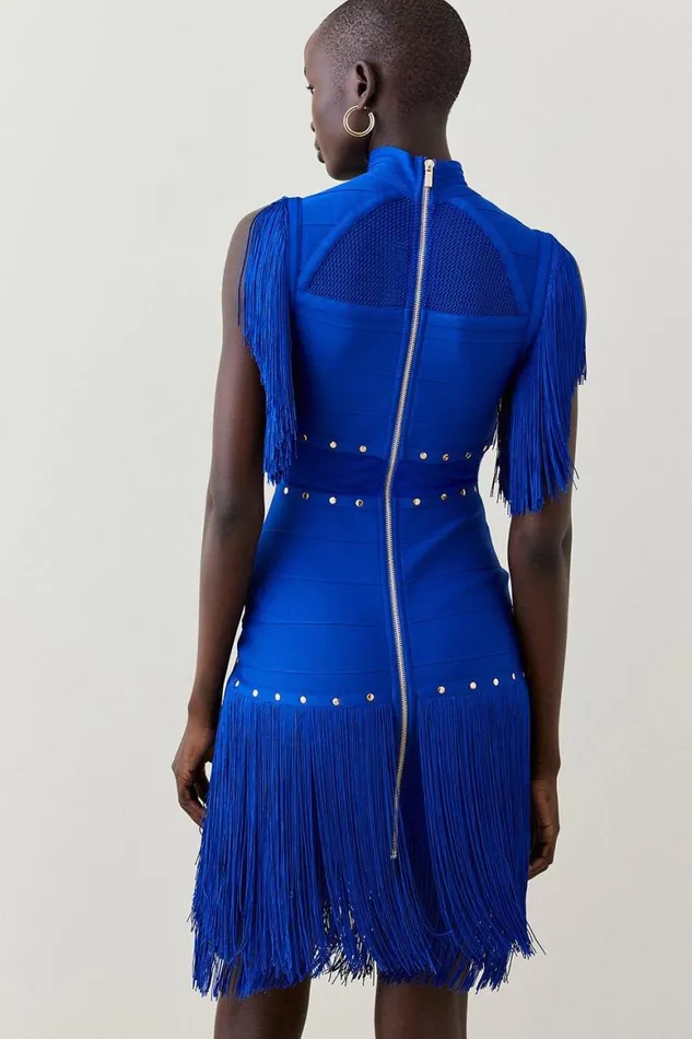 Dresses Women Karen Millen Studded Fringe Mesh Insert Bandage Mini Dress Cobalt