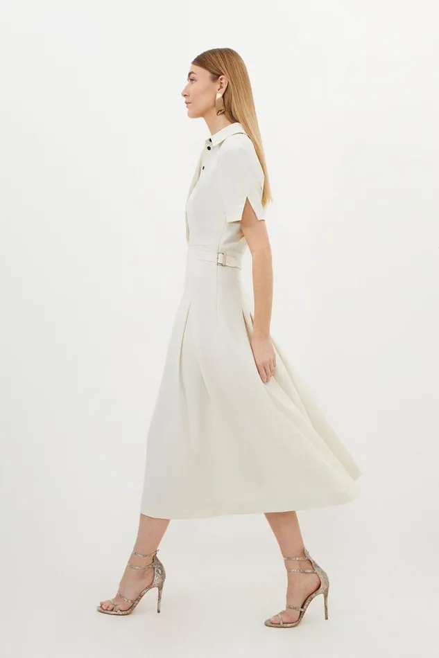 Dresses Women Karen Millen Tailored Crepe Short Sleeve Pleated Midi Dress Ivory