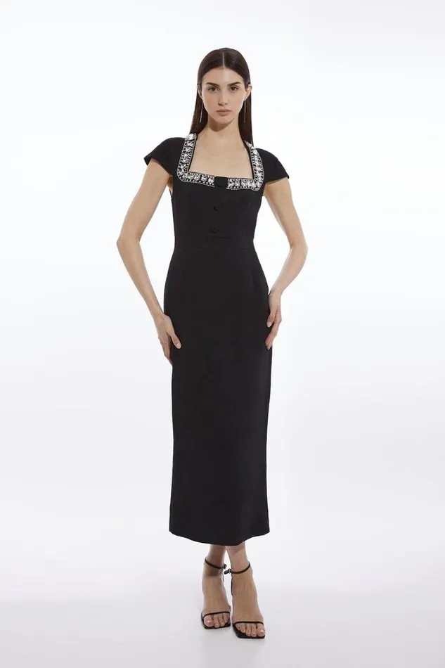 Dresses Women Karen Millen Tailored Embellished Square Neck Midi Dress Black