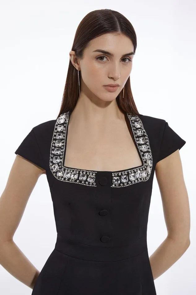 Dresses Women Karen Millen Tailored Embellished Square Neck Midi Dress Black