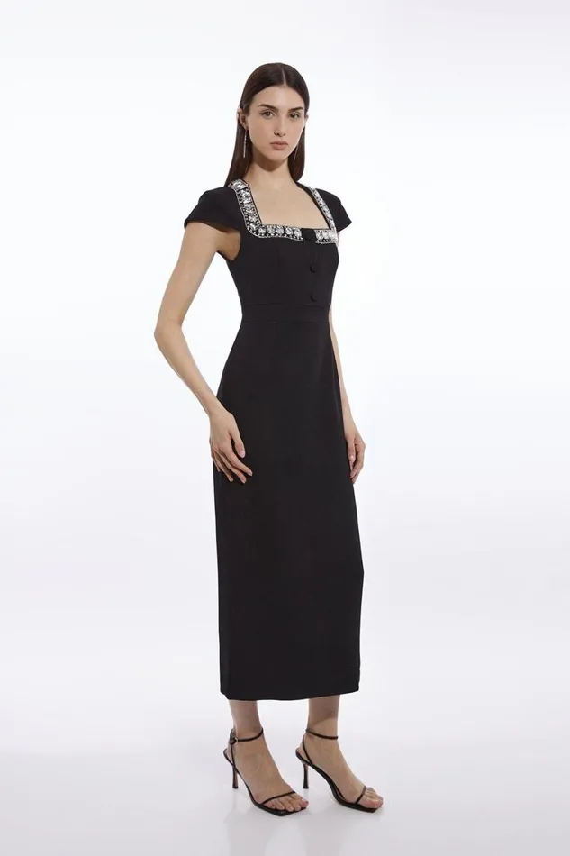 Dresses Women Karen Millen Tailored Embellished Square Neck Midi Dress Black
