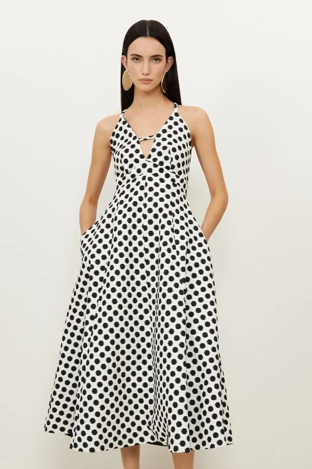 Dresses Women Karen Millen Tailored Jacquard Spot Strappy Midi Dress Mono