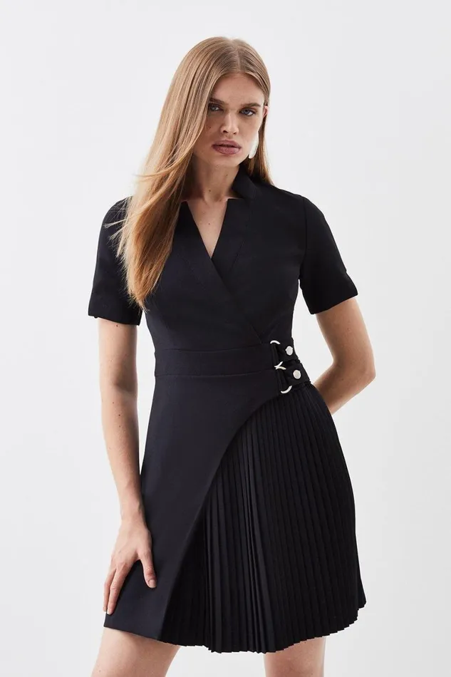 Dresses Women Karen Millen Tailored Military Pleat Notch Neck Wrap Mini Dress Black