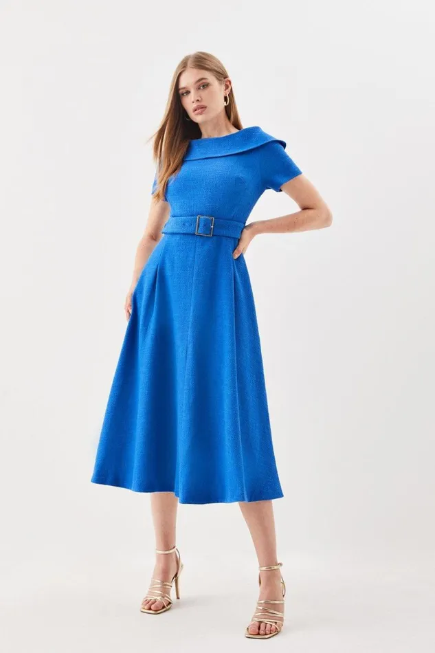Dresses Women Karen Millen Tailored Roll Neck Tweed Bardot Belted Full Skirt Midi Dress Blue Dresses Women Karen Millen Tailored Roll Neck Tweed Bardot Belted Full Skirt Midi Dress Blue