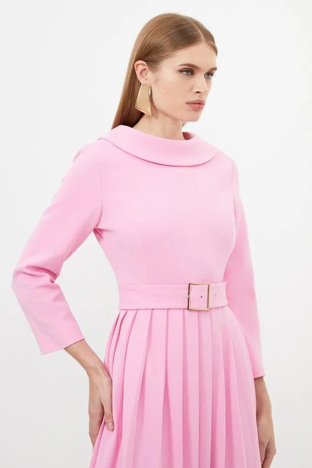 Dresses Women Karen Millen Tailored Structured Crepe Roll Neck Pleated Midi Dress Pink