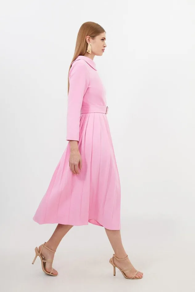 Dresses Women Karen Millen Tailored Structured Crepe Roll Neck Pleated Midi Dress Pink