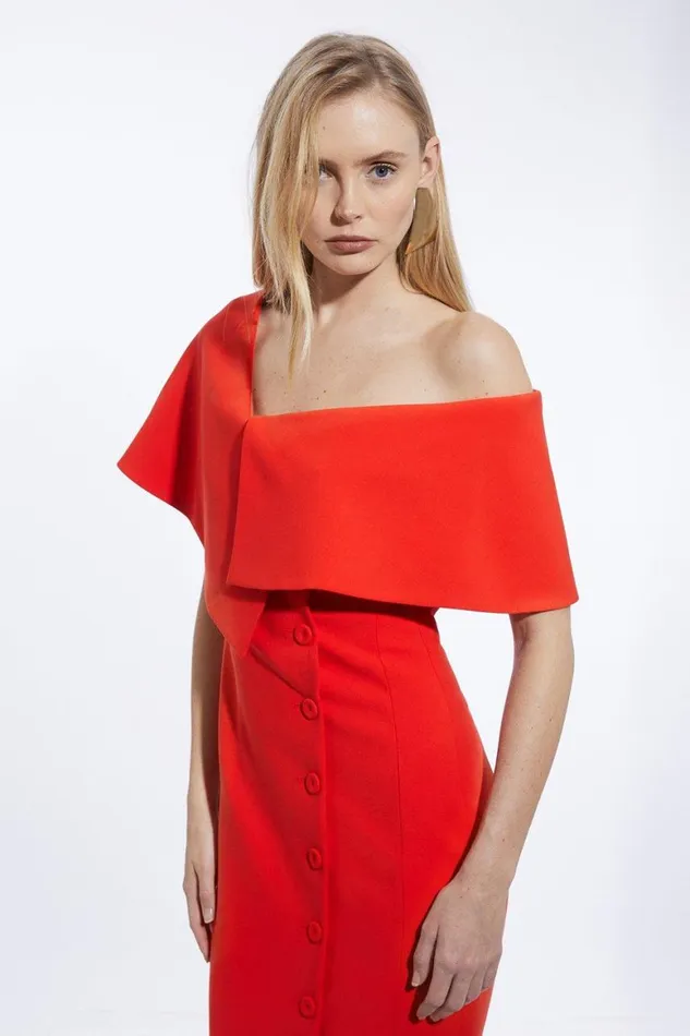 Dresses Women Karen Millen Tall Compact Stretch Off Shoulder Button Through Tailored Midaxi Pencil Dress Tomato Red
