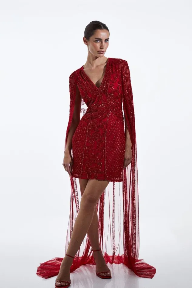 Dresses Women Karen Millen Tall Embellished Mini Dress With Cape Red