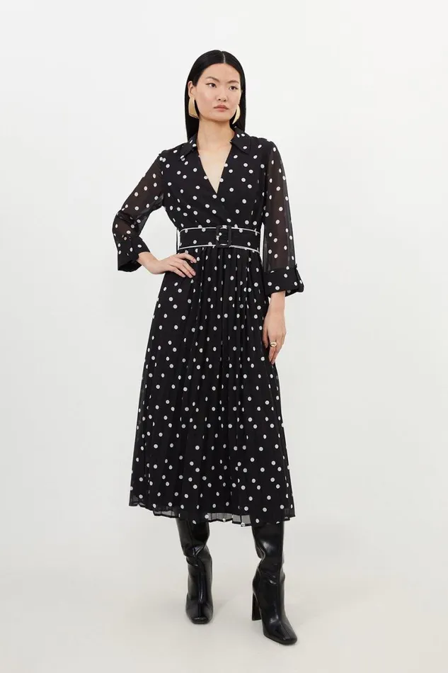 Dresses Women Karen Millen Tall Pleated Contrast Georgette Spot Woven Midi Dress Black Dresses Women Karen Millen Tall Pleated Contrast Georgette Spot Woven Midi Dress Black
