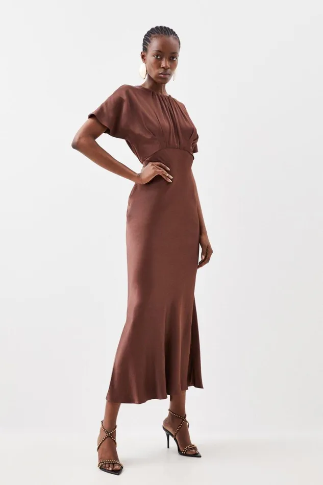 Dresses Women Karen Millen Tall Satin Woven Crepe Maxi Dress Chocolate